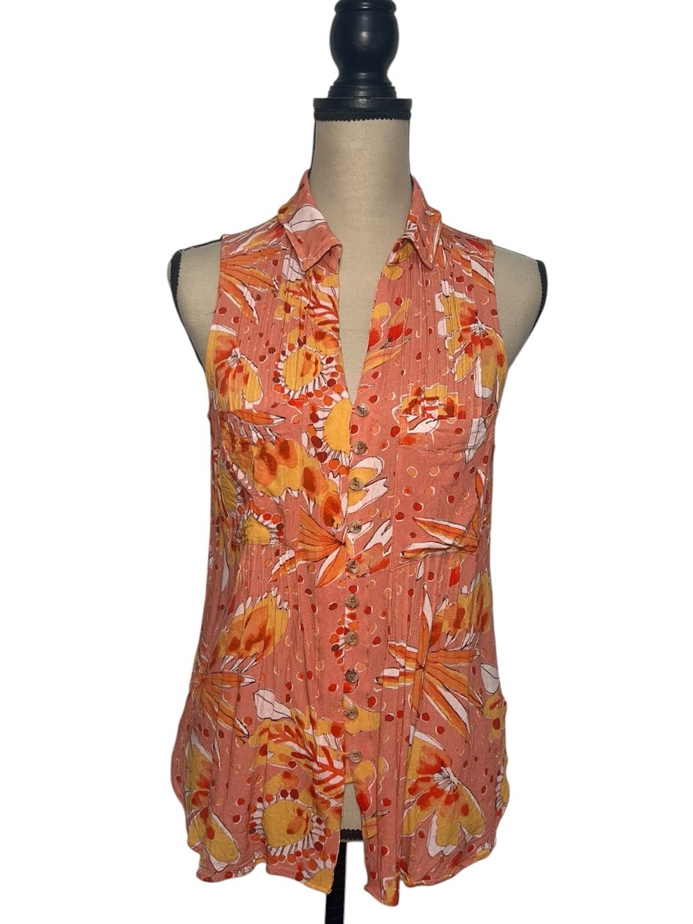Vera For Anthropologie Coral Floral Sleeveless Blouse Size M
